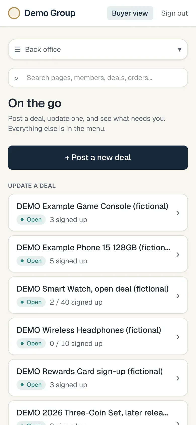 The On the go page on a phone: a Post a new deal button and the open deals, each with how many have signed up.