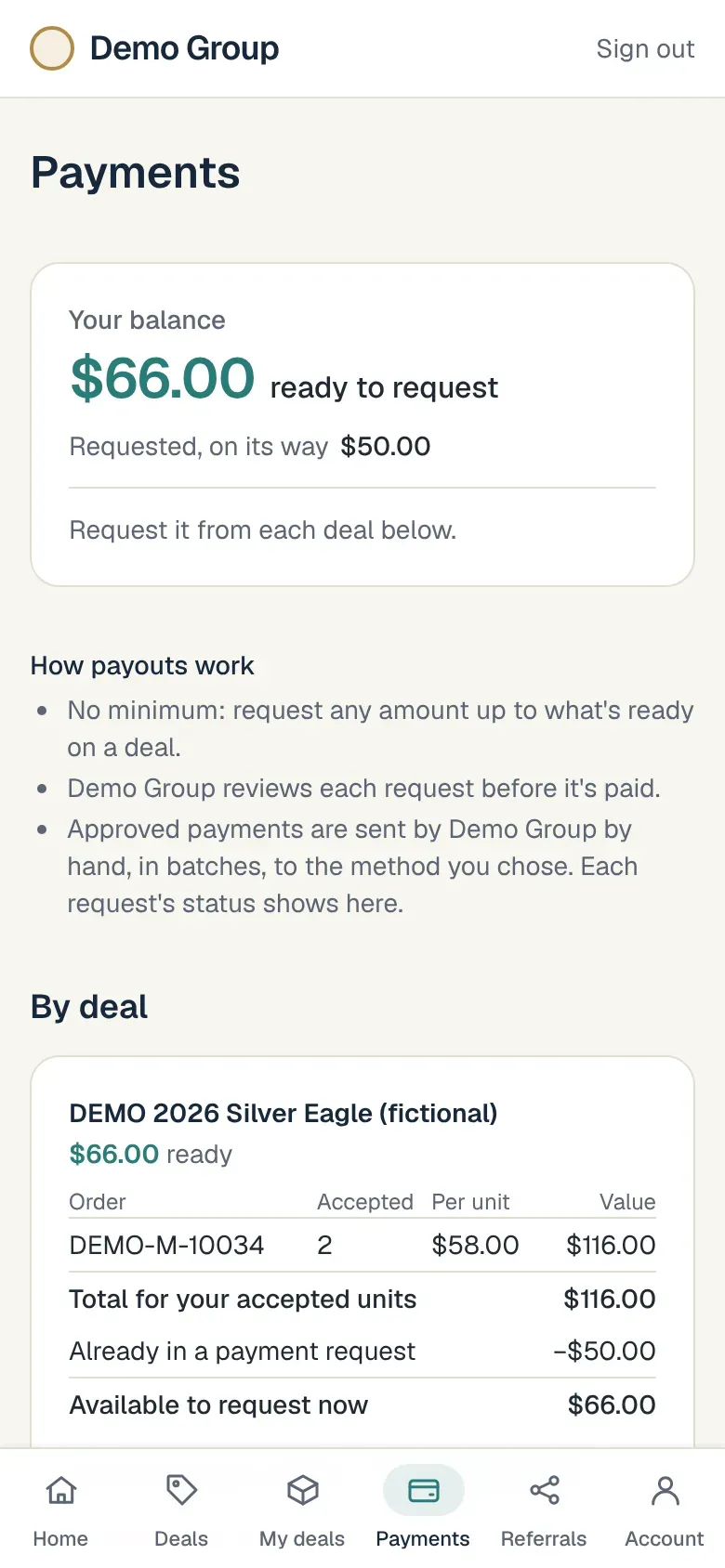 A buyer's Payments page on a phone: the balance ready to request, the amount already requested, and a breakdown by deal.